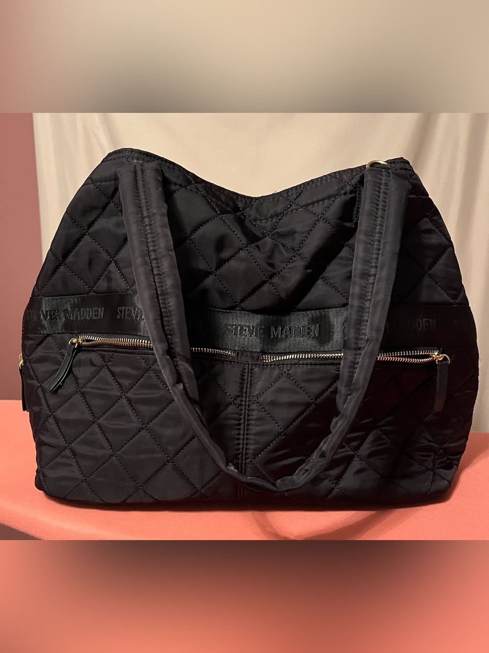Steve Madden Black Quilted Weekend Travel Bag with Gold Accent